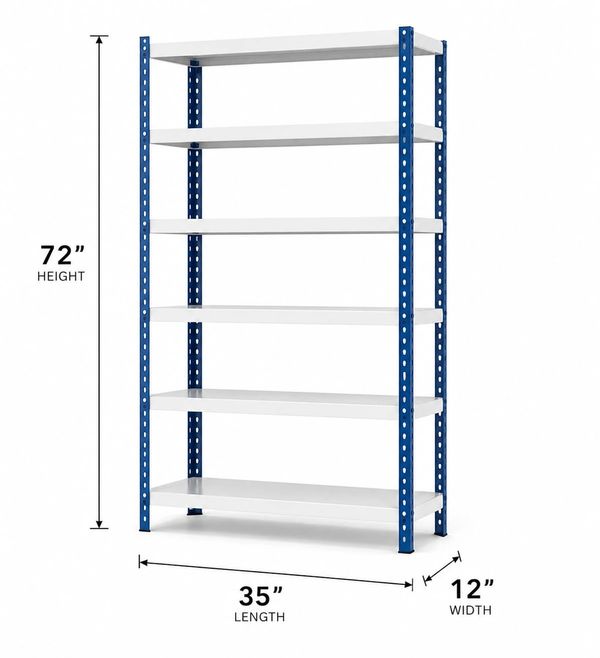 Metal shelving unit with dimensions labeled.