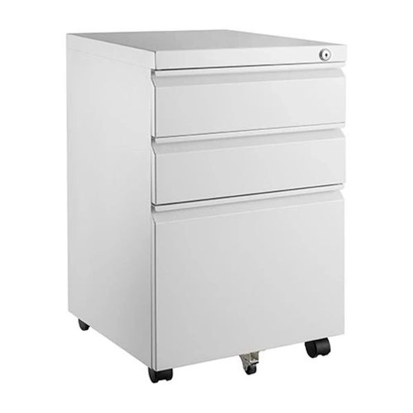 White mobile filing cabinet with three drawers and wheels.