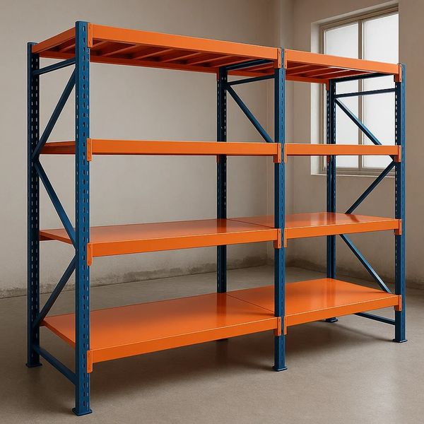 Empty industrial metal shelving unit with orange shelves and blue frame.