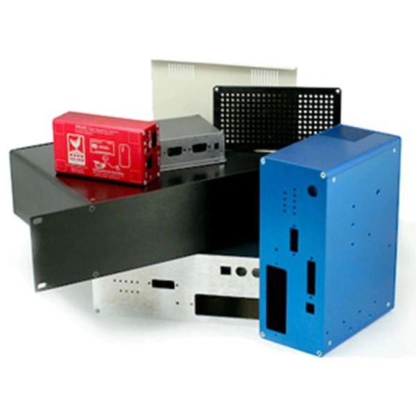 Various metal electronic enclosures in different colors and sizes.
