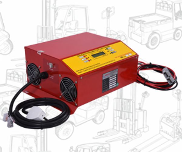 Red industrial battery charger with cables.
