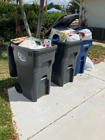 Overflowing trash bins on a driveway in a sunny neighborhood.