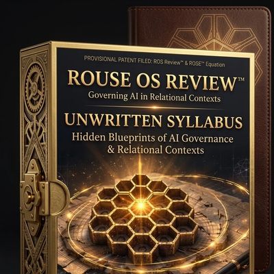 A futuristic book titled 'ROUSE OS REVIEW' about AI governance.