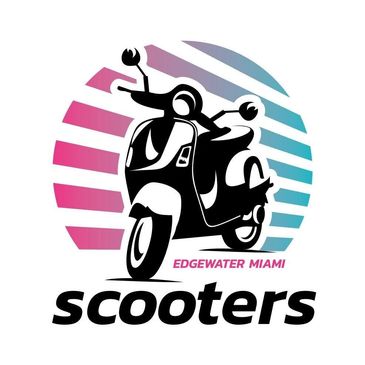 Logo of Edgewater Miami Scooters with a stylized scooter and colorful stripes.