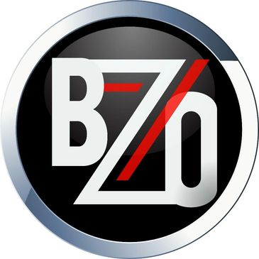 Circular logo with stylized B7o letters in white and red on black background.