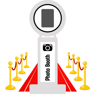 Photo Booth standing on top of red carpet with golden stanchions on each side.