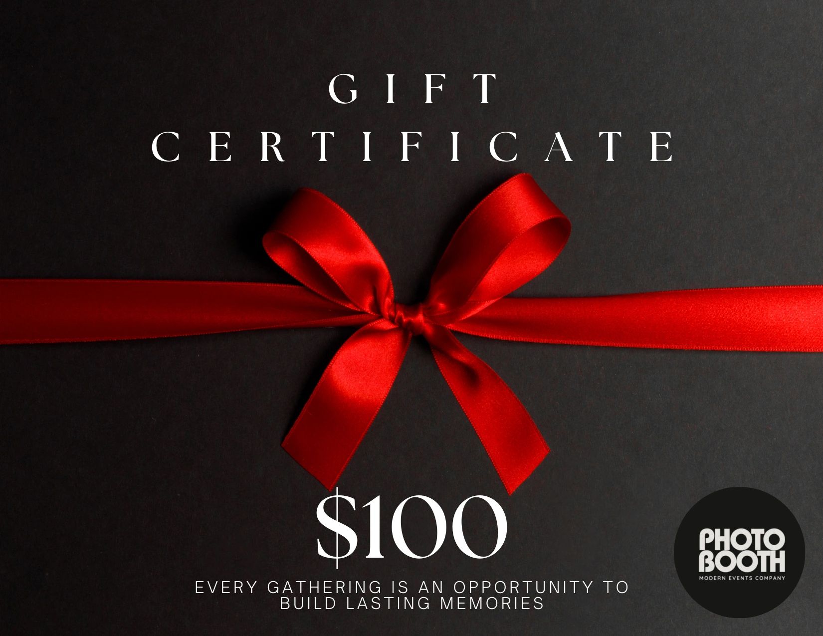 Modern Events Photo Booth gift card with festive red ribbon for giving the gift of fun memories