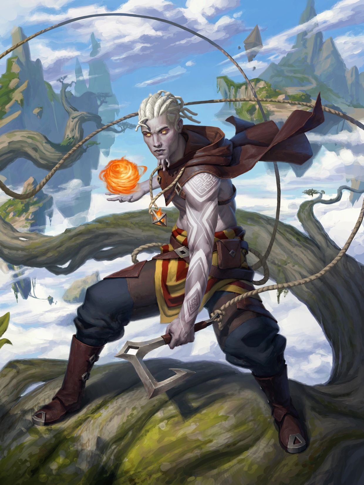 Fantasy warrior with glowing eyes and magical fire orb in a mystical floating landscape.