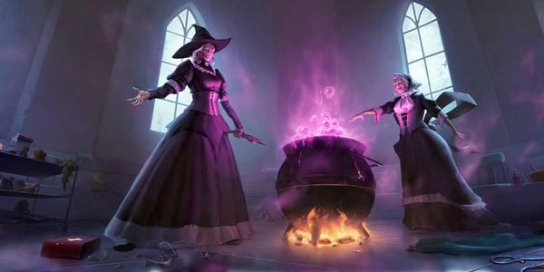 Two witches casting a spell over a glowing cauldron in a mystical room.