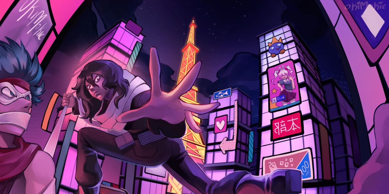 Two anime characters in a vibrant cityscape with neon lights and a glowing tower.