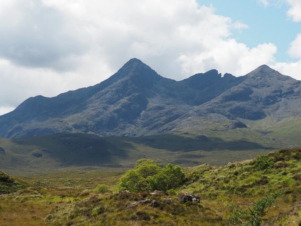 Mountain peaks under a partly cloudy sky.