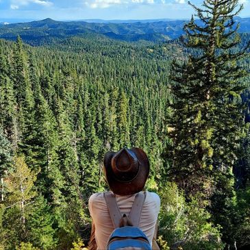 Person with a hat and backpack overlooking a vast forested mountain landscape.