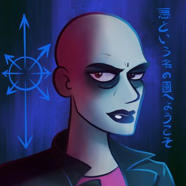 Dark, stylized portrait of a bald person with intense eyes and blue lighting.
