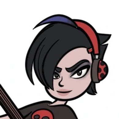 Edgy cartoon character playing guitar with headphones and black outfit.