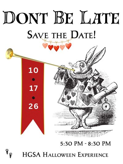 Alice in Wonderland-themed Save the Date for HGSA Halloween Experience.