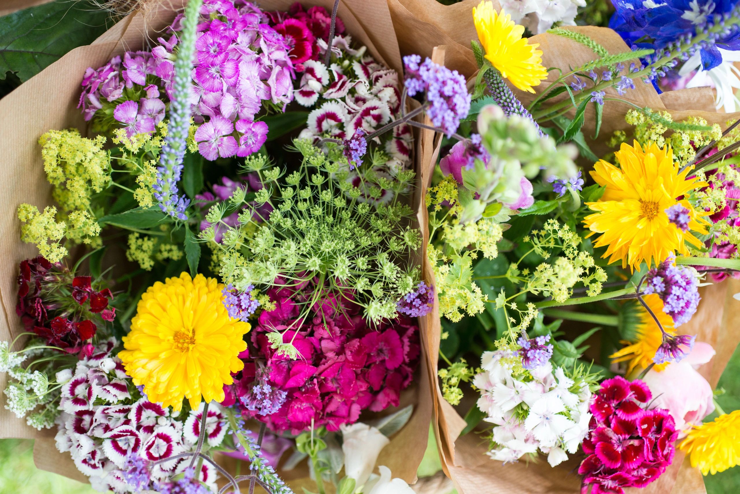 Colorful bouquets of fresh flowers wrapped in brown paper.