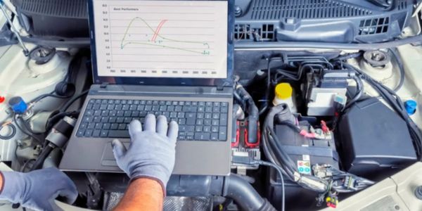Mechanic using laptop to analyze car engine performance data.