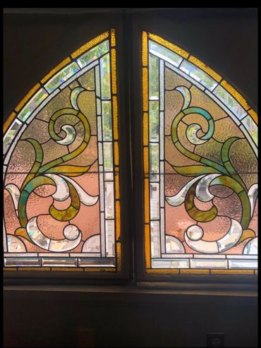 Pair American stained bevel windows 