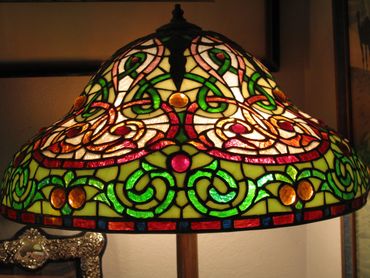 Superb Gorham leaded lamp with faceted jewels on Art Nouveau bronze base 