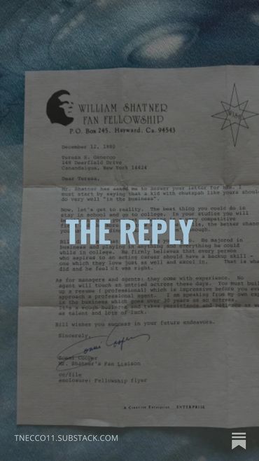A typed letter from William Shatner Fan Fellowship, dated 1980, offering career advice.