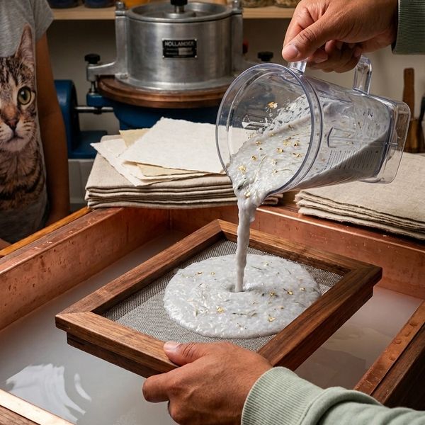 Pouring pulp mixture onto a screen to make handmade paper.