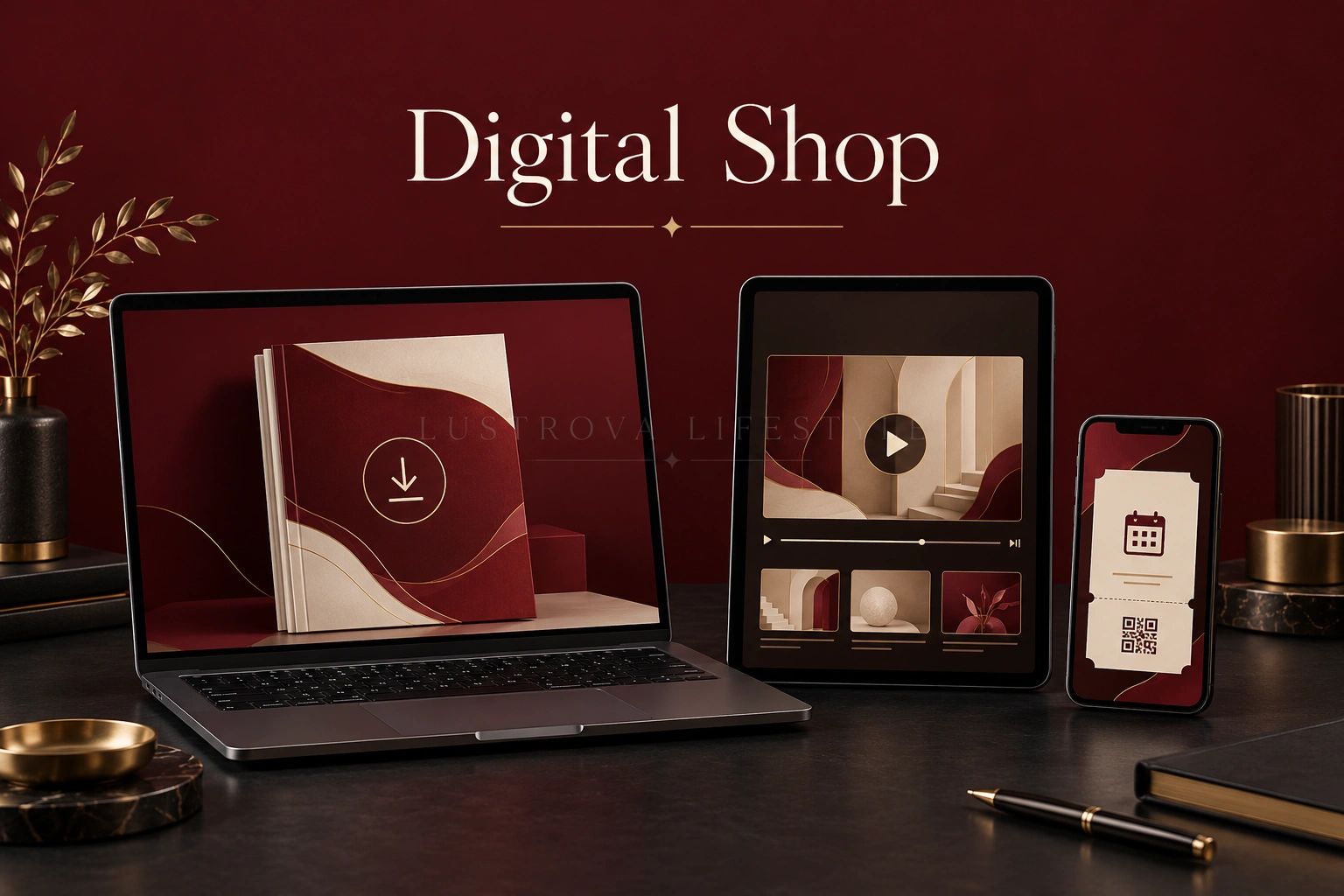 Digital devices showcasing a digital shop on a desk.