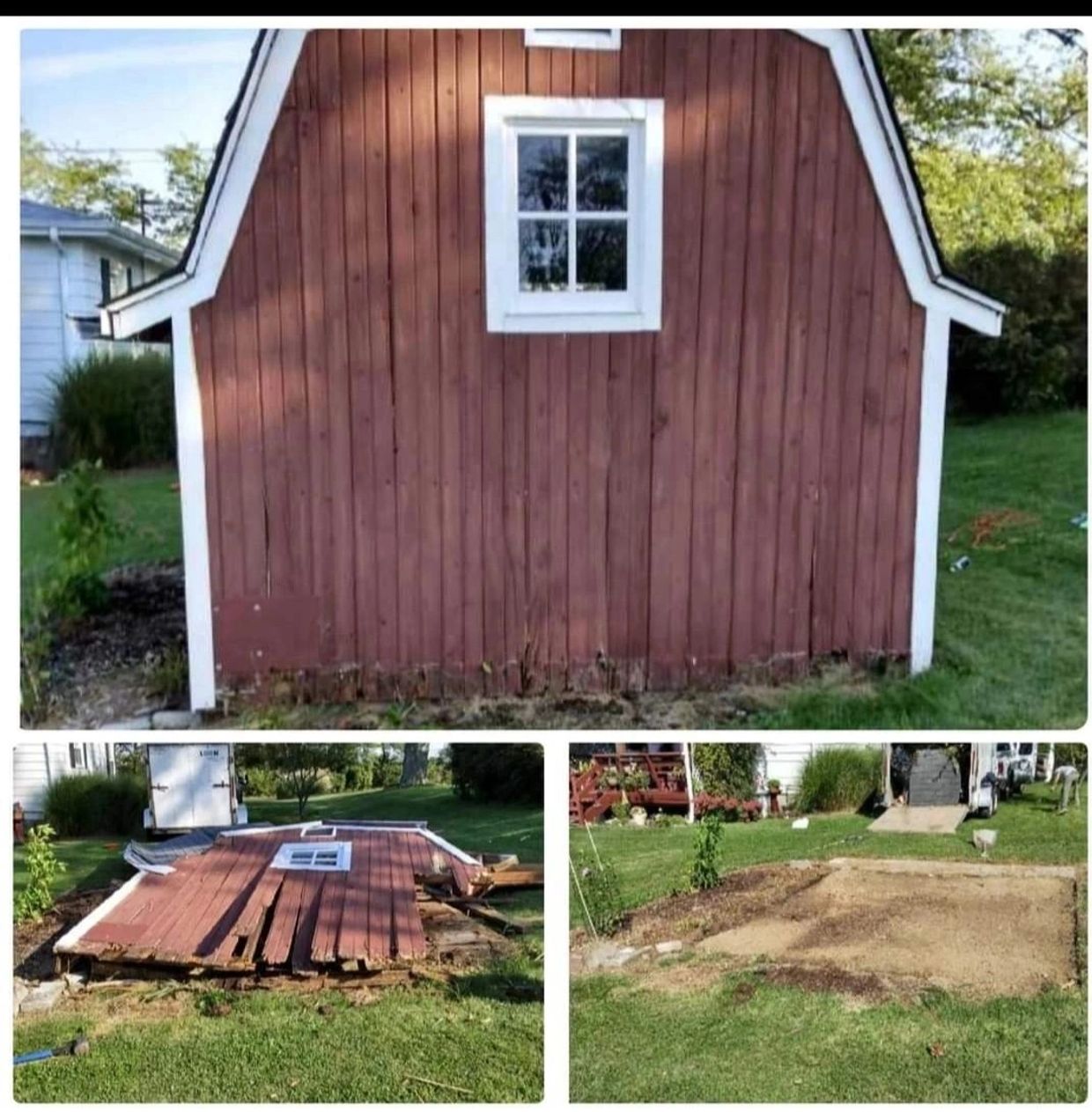 Old wooden shed and its demolition process.