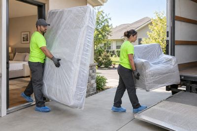 Illustration of a professional crew removing wrapped furniture affected by bed bugs