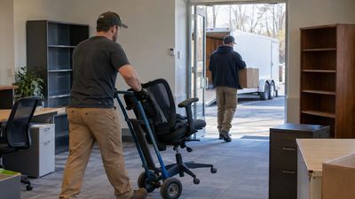 Representative commercial office cleanout image showing workers removing office furniture.