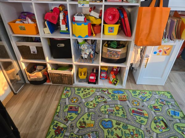 Organized toy storage with bins and a play rug in a kids' room.