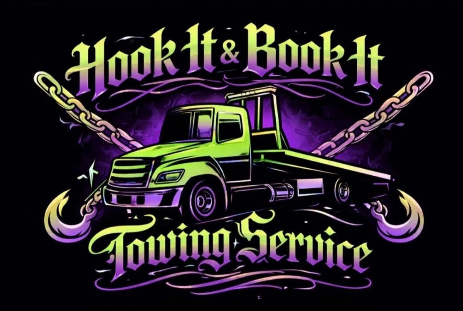 Colorful logo of a towing service with a green tow truck and hooks.