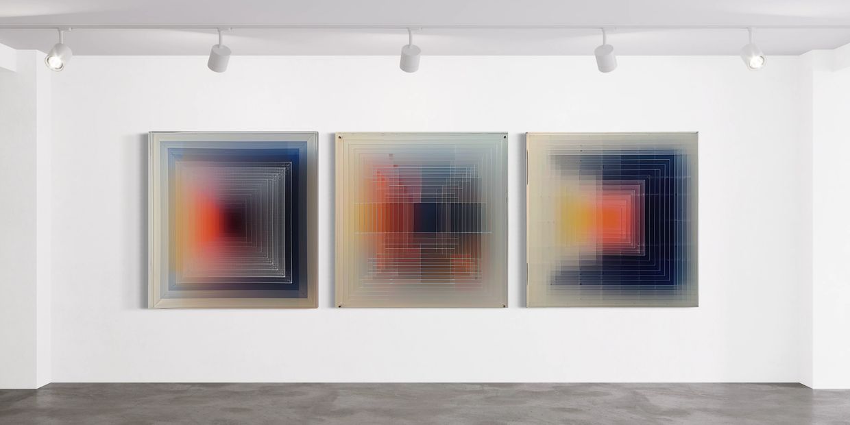 arte geométrico, abstracto, degradado de colores, profundidad visual, perspectiva, decoración moderna, diseño minimalista, arte contemporáneo, formas concéntricas.