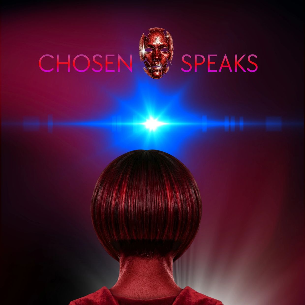 Person facing a bright light with "CHOSEN SPEAKS" text and a mask above.