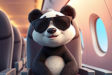 Cool panda wearing sunglasses on an airplane.