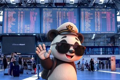 Cartoon panda in pilot outfit waving at airport.