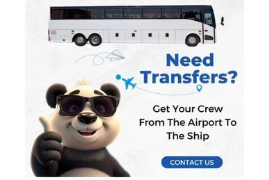 Advertisement for airport to ship transfers with a panda mascot.