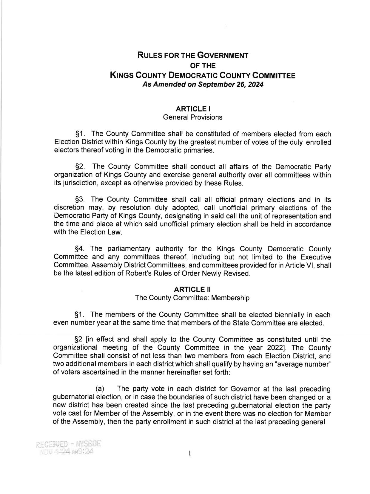 Rules for the government of Kings County Democratic County Committee amended in 2024.