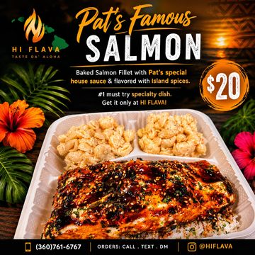 Pat's Famous Salmon with special house sauce and island spices, served with sides for $20.