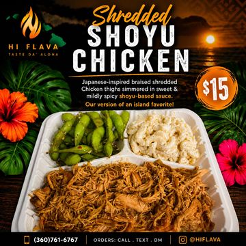 Shredded Shoyu Chicken meal with sides for $15, inspired by Japanese flavors.