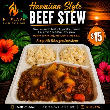 Hawaiian style beef stew with sides in a takeout container, priced at $15.