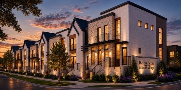 Modern townhouses at sunset.
