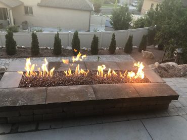 Belgard paver, rectangular, linear fire pit, Blue glass, Natural Gas