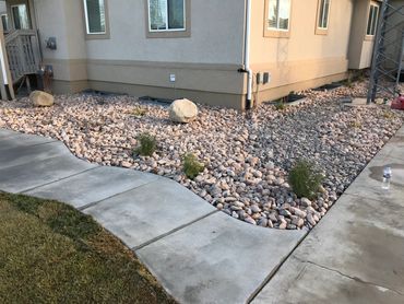 rock bed next to concrete path, xerigation bed, drip bed, 