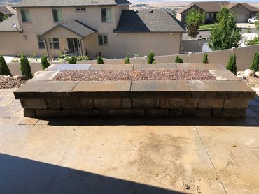 Belgard paver, rectangular, linear fire pit, Blue glass, Natural Gas