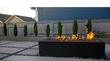 Poured in place concrete fire pit, Copper glass, Natural Gas, rectangular, linear
