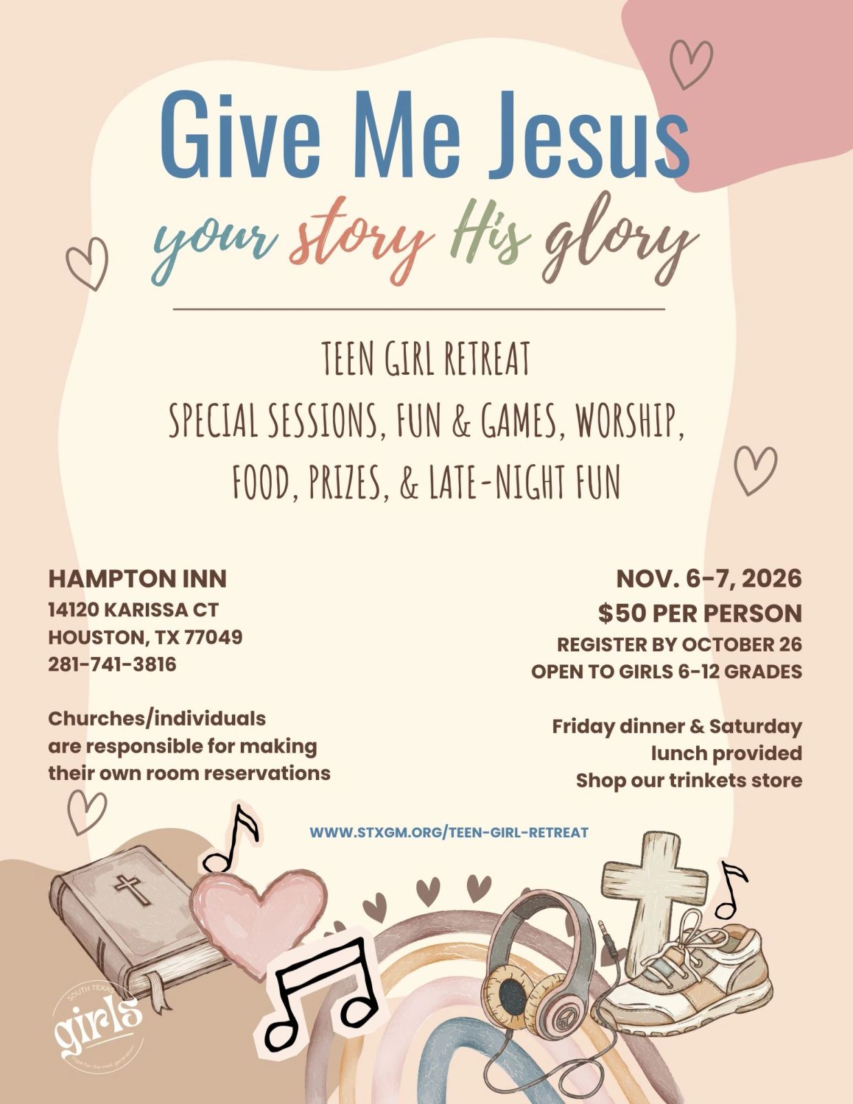 Teen girl retreat with fun activities, worship, and prizes at Hampton Inn in Houston.