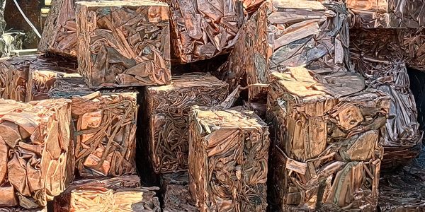 Stacked compressed copper scrap cubes ready for recycling.