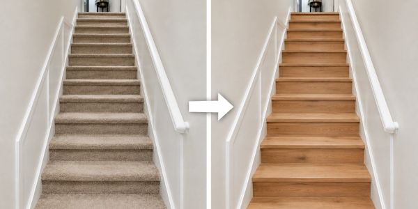 Carpet to wood stair transformation with new treads and white risers