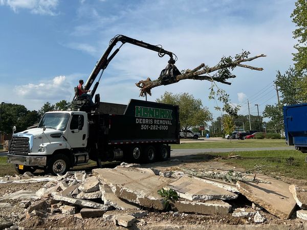 A truck with a crane lifts a tree branch for debris removal under a blue sky.