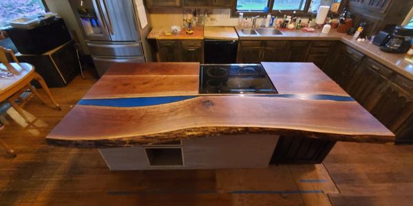 Live Edge Epoxy River Black Walnut Island Countertop with LED lighting